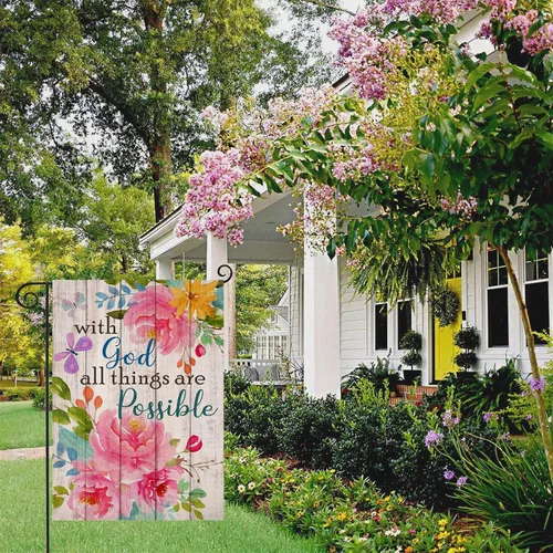 Vista 7 de Artofy con Dios todo es posible Bandera decorativa cristiana para el hogar, jardín, primavera, verano, peonía religiosa, casa, patio, decoración al
