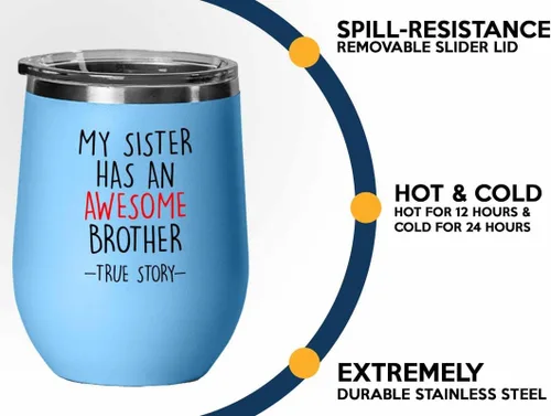Vista 3 de Vaso de vino Sister Blue Edition de 12 onzas – Brother Story – Family Squad Fam Thank You Gift Hermanos Padres Abuelos Divertido sobrino Hermana