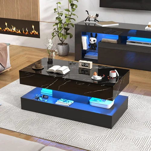 Vista 6 de chartustriable Mesa auxiliar grande de 39.4 pulgadas con LED de alto brillo con 2 cajones deslizantes, mesas de centro de almacenamiento para sala