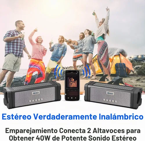 Vista 4 de Altavoz solar Bluetooth, IPX7, impermeable, portátil, de 20 W, con 27 luces LED, batería de 5000 mAh, micrófono, tarjeta TF, para ducha al aire