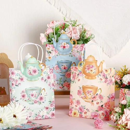Vista 5 de Lincia Paquete de 24 bolsas de regalo de fiesta de té, decoraciones de tazas de té, bolsas florales para golosinas con asas y diseño de tetera