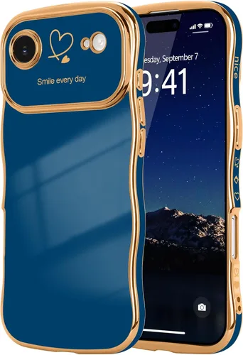 Vista 99 de LCHULLE - Funda para iPhone Air, linda para mujeres y niñas, con forma de onda, color azul bebé Luxury Plating Curly Wavy Frame with Love Heart