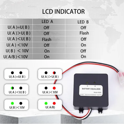 Vista 5 de Ecualizador de batería de 24 V, 2 baterías de 12 V, cargador equilibrador de voltaje para inundación de gel, AGM, batería de litio de plomo ácido