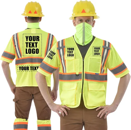 Vista 10 de AYKRM Chaleco de Seguridad de Construcción Personalizado con Logotipo Impreso de Alta Visibilidad Reflectante de 2 Tonos