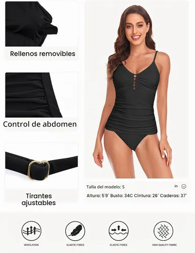Vista 5 de Ocean Blues Traje de Baño Tankini Retro para Mujer con Fruncido Control de Abdomen Solo Parte Superior del Tankini Negro