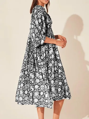 Vista 5 de Vestido largo bohemio con cuello en V profundo y mangas abombadas para mujer, estilo casual, floral, de gasa, escalonado, con vuelo, para fiesta