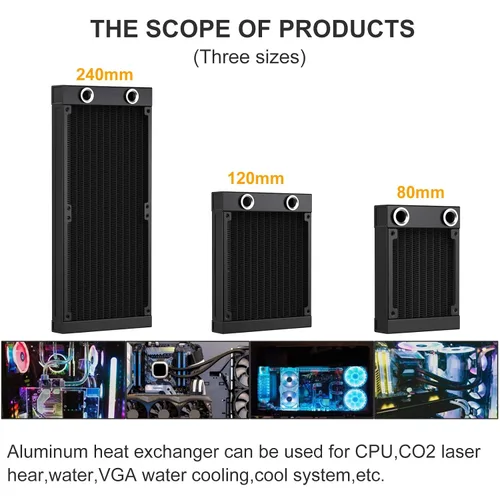 Vista 4 de Radiador de Refrigeración por Agua para Computadora, Intercambiador de Calor de Aluminio de 8 Tubos, Radiador de Refrigeración Líquida con Rosca