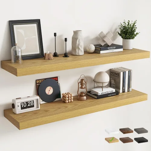 Vista 29 de Juego de 2 estantes flotantes de 16 pulgadas para pared, estantes de baño de grano de madera de 12 pulgadas de profundidad con soportes invisibles