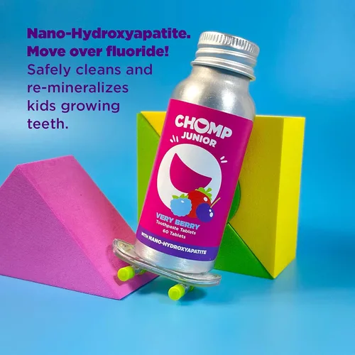 Vista 2 de Chomp Junior Very Berry - Pasta de dientes para niños, 5 % de nanohidroxiapatita para niños, sin flúor, soporta dientes fuertes y salud esmaltada