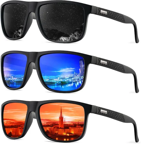 Vista 65 de KALIYADI Gafas de sol polarizadas para hombre, gafas de sol ligeras con protección UV para conducir, pescar y jugar golf (3 unidades) Negro