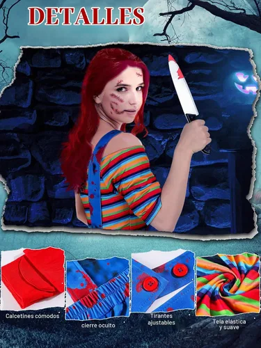 Vista 2 de Xtinmee 5 piezas de Halloween Nightmare Killer Doll Deluxe Disfraz Rainbow Stripe Nice Guy Cosplay Movie Character Outfit