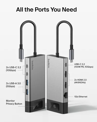 Vista 3 de Belkin USB C Hub, 8-in-1 Multi-Port Hub 100W - Dual Display Support for Windows & Chromebook + Mirrored Support for macOS w/Monitor Privacy