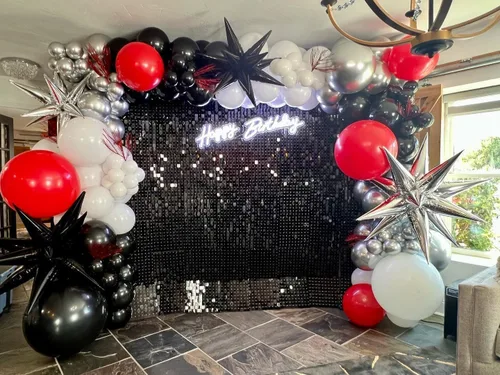 Vista 3 de Kit de arco de globos rojos, negros y blancos, 201 piezas de guirnalda de globos de látex con estrella explosiva roja, negra, blanca y plateada