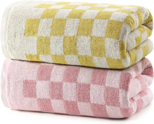Vista 10 de REDKISS Juego de 2 toallas de baño a cuadros en blanco y negro, 2 toallas de ducha grandes para decoración de baño, toallas de baño de algodón