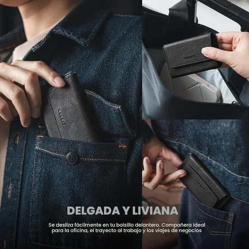 Vista 3 de VULKIT Funda de cuero para tarjetas de visita para hombre, delgada, con bolsillo, tarjetero para tarjetas de presentación, con capacidad para 20