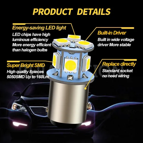 Vista 4 de 2 unids 6V 1157 Bombillas LED 5050 8SMD Chipsets 6000K Blanco para Backup Reverse Lights Luces traseras