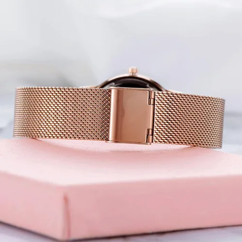 Vista 6 de Relojes de moda para mujer, reloj de pulsera de malla de acero inoxidable de oro rosa, elegante, regalo para mujer, reloj de pulsera impermeable