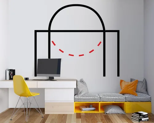 Vista 2 de Calcomanía de pared con diagrama de líneas de media cancha de baloncesto, calcomanías de pared de baloncesto, arte de pared de baloncesto