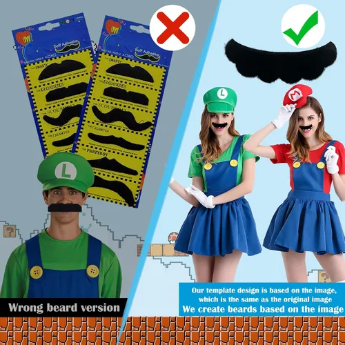 Vista 4 de oUUoNNo Juego de 2 disfraces de Halloween de Super Bros para parejas, tirantes de cosplay, sombrero, botones, guantes para bigote para niños