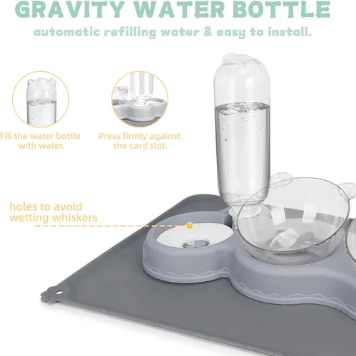 Vista 4 de Cuencos triples para comida y agua, cuencos elevados de plástico para gatos con botella de agua automática y tapete impermeable para gatos y perros
