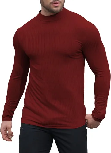 Vista 2 de Uni Clau Camisas de manga larga con cuello alto falso para hombre, camiseta térmica de punto acanalado casual