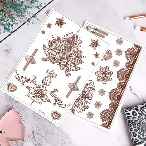 Vista 5 de Tatuajes de henna, Henna Tatuajes Temporales Marrón Impermeable Tatuaje Pegatinas para Mujeres Boda Festivales,Decoración de Fiestas Proveedores