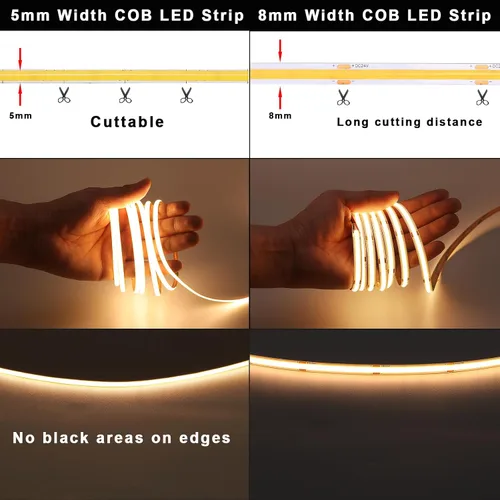Vista 3 de TOPAI Tira de luz LED COB delgada de 12 V, 5mm (0.197 in), 3000 K, blanco cálido, 16.4 pies, brillante, 4000 lm, CRI>90, uniforme sin puntos, 400
