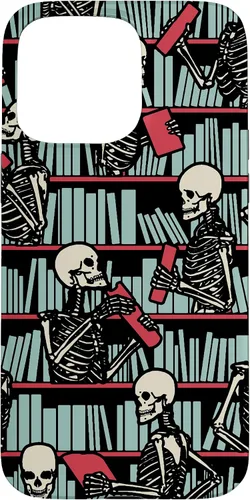 Vista 28 de iPhone 16 Bookish Public Library Skeleton Goth Librarian Books Pattern Case