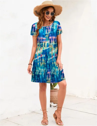 Vista 4 de Sherosa - Vestido de verano sin mangas o con manga corta, estampado floral, con bolsillos, casual, suelto, con vuelo, vestido estilo camiseta