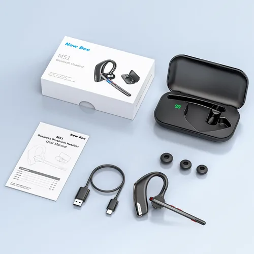 Vista 7 de New Bee Auriculares Bluetooth, auricular Bluetooth inalámbrico para teléfono celular con estuche de carga de 500 mAh, 80 horas de reproducción V5.2