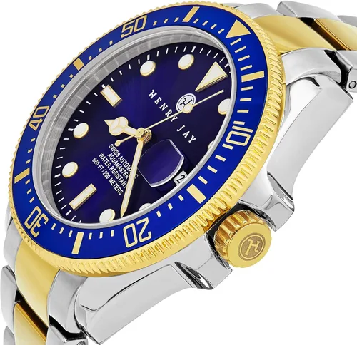 Vista 2 de HENRY JAY Aquamaster - Reloj de buceo suizo automático para hombre con cuerda automática chapado en oro de 23 quilates dos tonos acero inoxidable