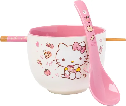Vista 35 de Silver Buffalo Sanrio Hello Kitty Flowers, cuenco de ramen con palillos Patrón de flores de Hello Kitty