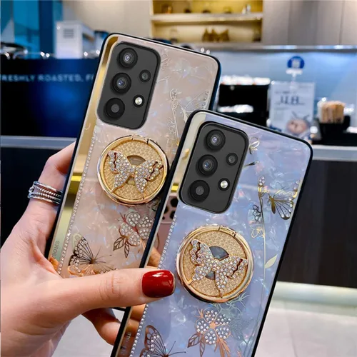 Vista 3 de Funda para Galaxy S22 Plus con función atril, bonita carcasa de mármol con diseño floral y soporte de anillo, elegante funda protectora a prueba