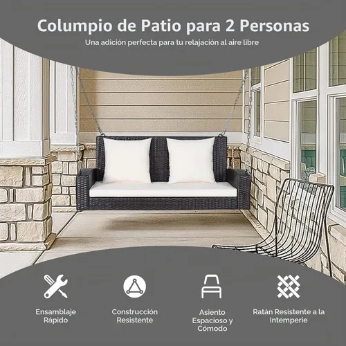 Vista 5 de RELAX4LIFE - Columpio de mimbre de 2 asientos, con dos cadenas de acero sólido de 7.9 pies, cómodos cojines de respaldo y asiento, para pórtico