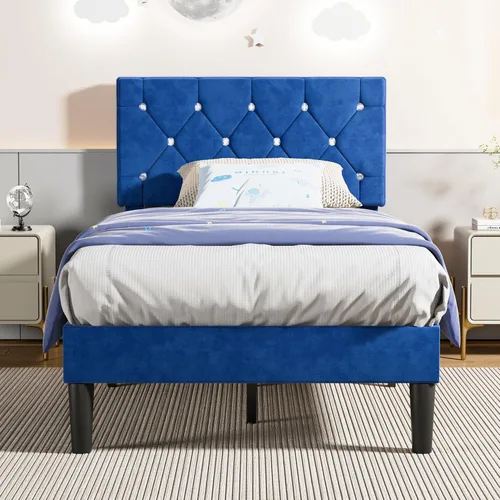 Vista 21 de VECELO Base de cama tamaño individual con plataforma tapizada con cabecera ajustable de botones de diamante, soporte de listones de madera,