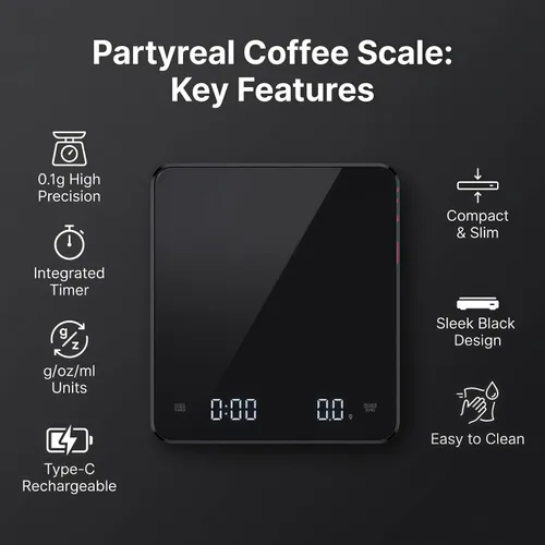 Vista 7 de Partyreal Báscula digital de café de cocina, báscula delgada con tara, unidades g/oz/ml, pantalla retroiluminada, recargable USB-C (cable incluido)