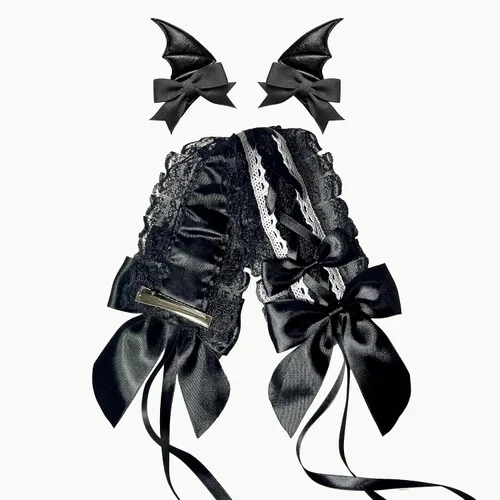 Vista 2 de Diadema de encaje con cuernos de diablo, alas góticas para mujer, lindo tocado de cosplay Loli