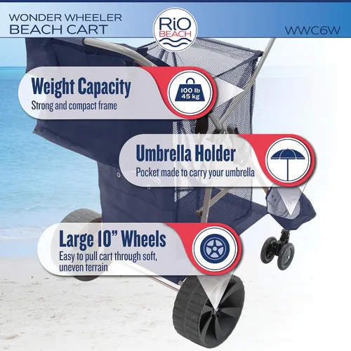 Vista 2 de Rio Beach Wonder Wheeler Deluxe - Carrito plegable utilitario, para césped y playa, azul marino