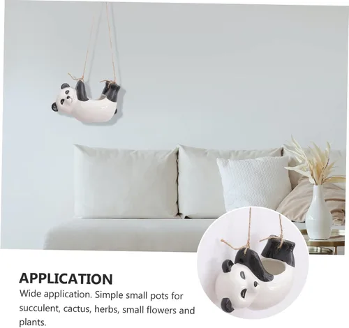 Vista 4 de Happyyami Maceta colgante de panda para montar en la pared, florero para interiores, decoración de habitación asética de cerámica, macetas colgantes
