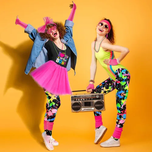 Vista 2 de Conjunto de accesorios de disfraz de los años 80 para mujer, camiseta, pantalones cortos, falda tutú, calentadores de piernas para fiesta Neno