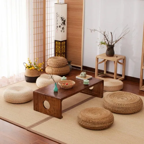 Vista 5 de Etlegor Pufs y reposapiés, Futón Puf Futón Cojín Taburete Estilo Japonés Tatami Mat Gattail, Hoja de plátano tejida a mano natural y respetuoso