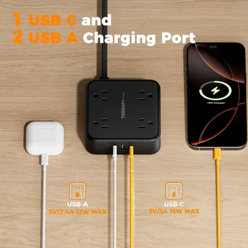 Vista 5 de TESSAN Cable de extensión de enchufe plano de 10 pies con múltiples tomas, regleta protectora de sobretensiones con 3 USB (1 USB C) 8 tomas, Negro