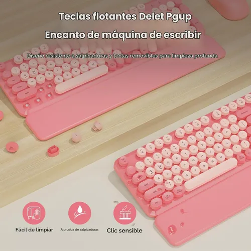 Vista 4 de Combo de teclado y mouse inalámbricos, teclado retro con teclas redondas, teclado estilo máquina de escribir de tamaño completo con reposamuñecas