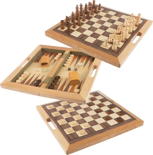 Vista 5 de Ajedrez, Checker y Backgammon de madera deluxe Set, color café
