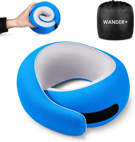 Vista 8 de Almohada de viaje WANDER PLUS®, 100% espuma viscoelástica pura, almohada cervical de viaje, soporte para el cuello en avión, diseño ergonómico Negro