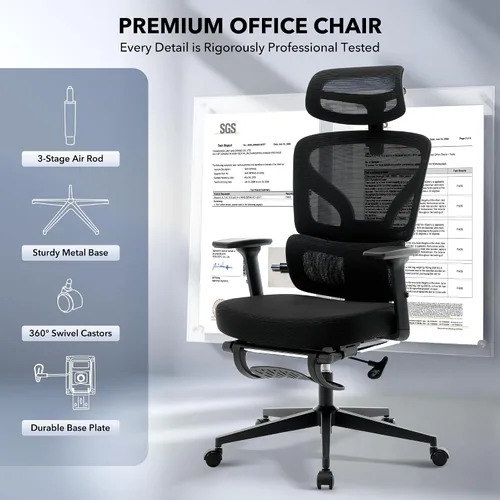 Vista 6 de Silla de oficina ergonómica - Silla de escritorio de malla para el hogar con soporte lumbar ajustable, silla de juegos de computadora con respaldo
