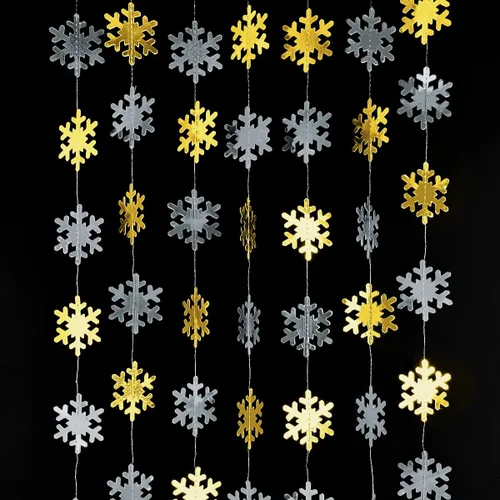 Vista 3 de 116 piezas de decoraciones y adornos de copos de nieve colgantes dorados de Navidad, pancarta de guirnalda para vacaciones de invierno en el país