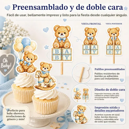 Vista 7 de ALISSAR We Can Bearly Wait - Decoraciones para baby shower, 36 adornos para cupcakes de oso azul