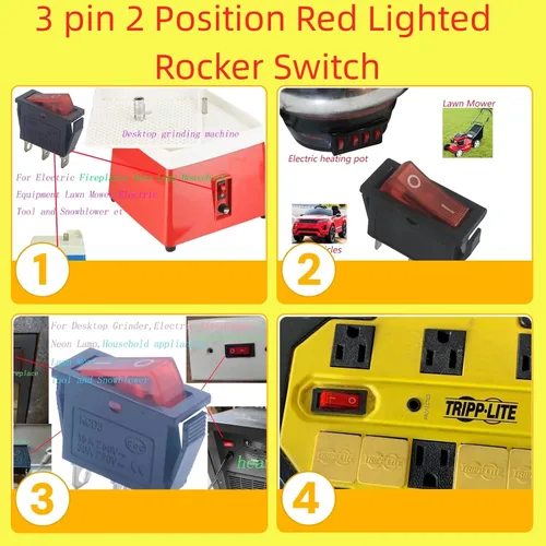 Vista 2 de Interruptor basculante iluminado de 3 pines y 2 posiciones en rojo para amoladora de escritorio, chimeneas eléctricas, lámparas de neón