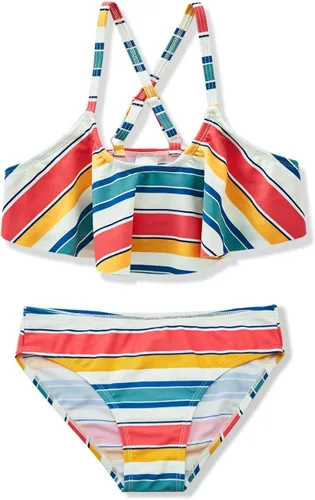 Vista 3 de Traje de baño de dos piezas para niñas, traje de baño de rayas con volantes Falbala
